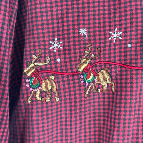 Vintage 90s Christmas Plaid Embroidered Shirt L Velvet Collar Santa Bear Holiday - Picture 4 of 10